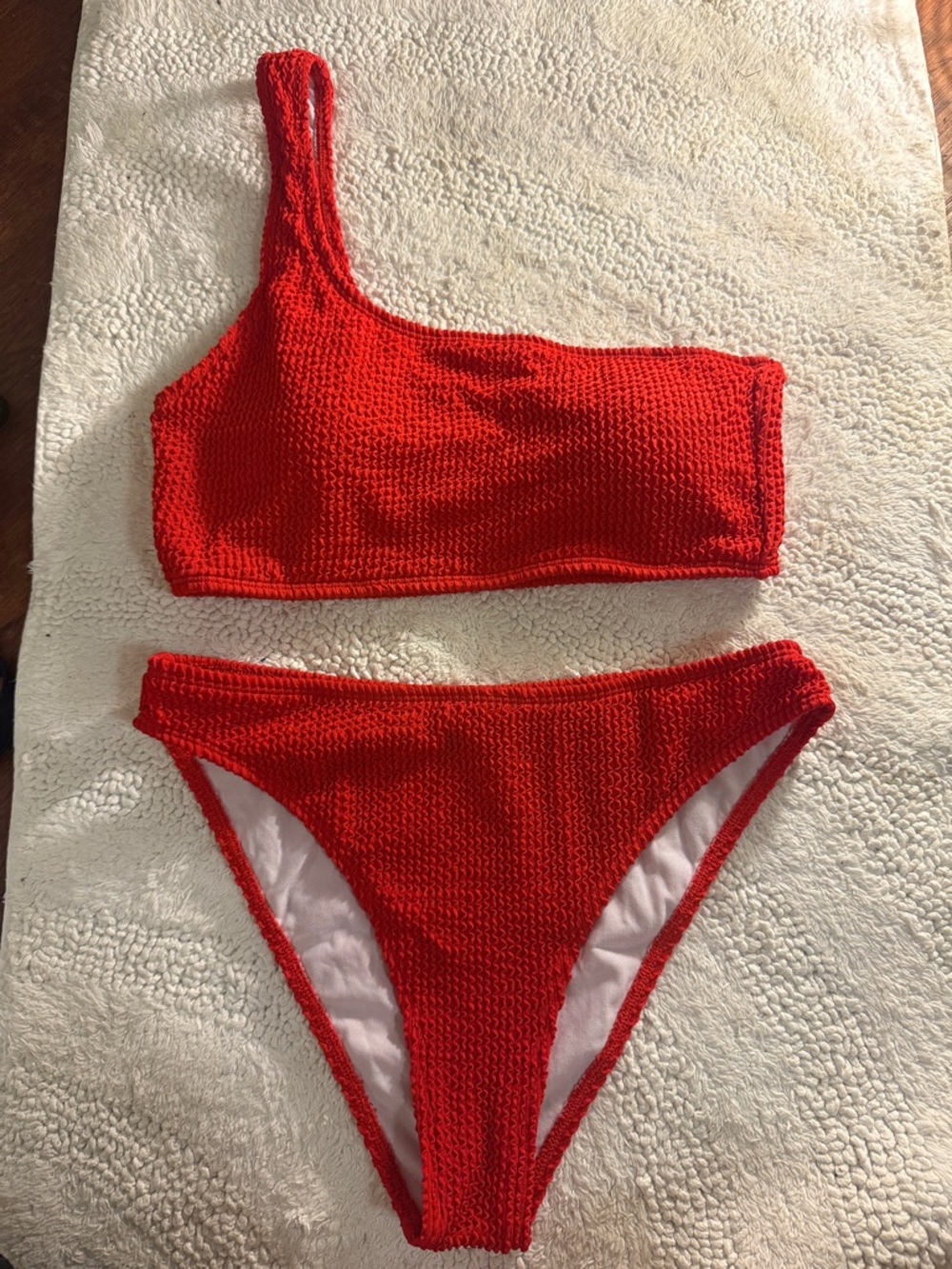 One-Shoulder Red Textured Bikini Set